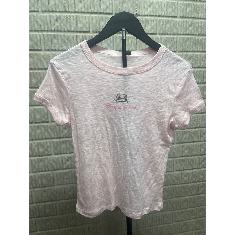 Target Breakfast in Bed Pancake Graphic Slub Knit Baby Tee Pink Womens Medium NW